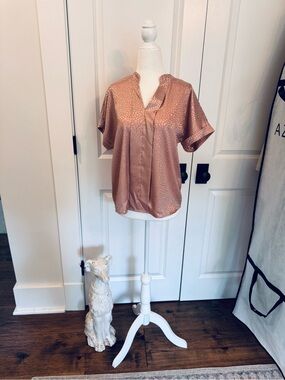 Short-Sleeve Satin V-Neck Blouse - Rose Metallic